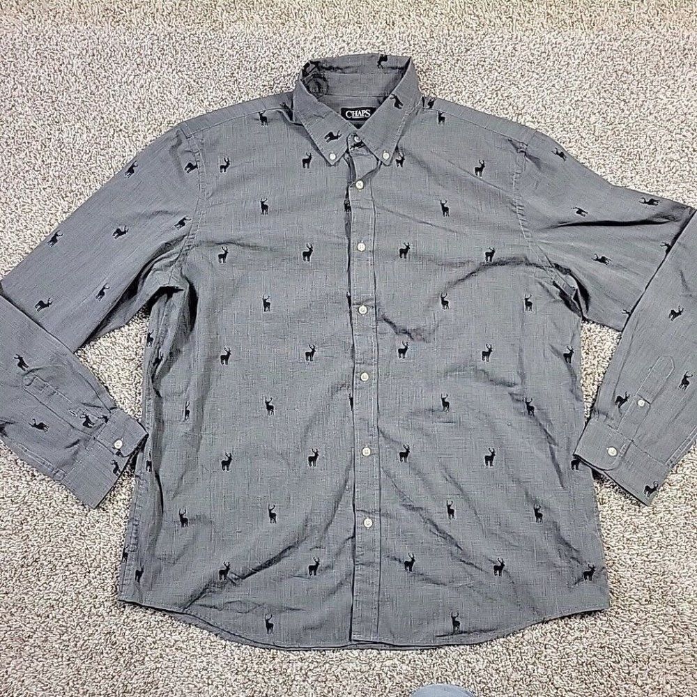 Chaps Shirt Mens 2XL Gray Long Sleeve Button Down Charcoal All Over Deer…